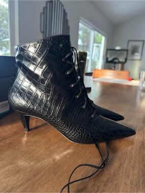 Saint Laurent Black Croc-Embossed Pointed Lace-Up Women’s Boots